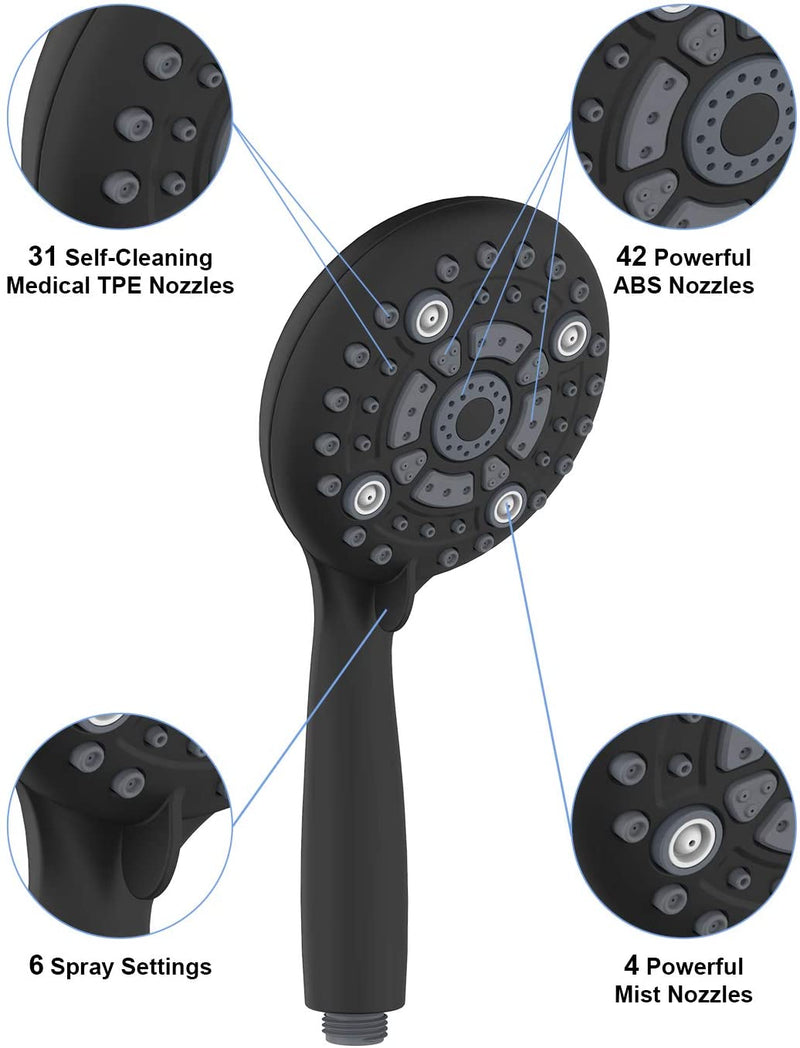 Shower Head, SR SUN RISE 6-Settings 4.8" High Pressure Handheld Shower Head Set