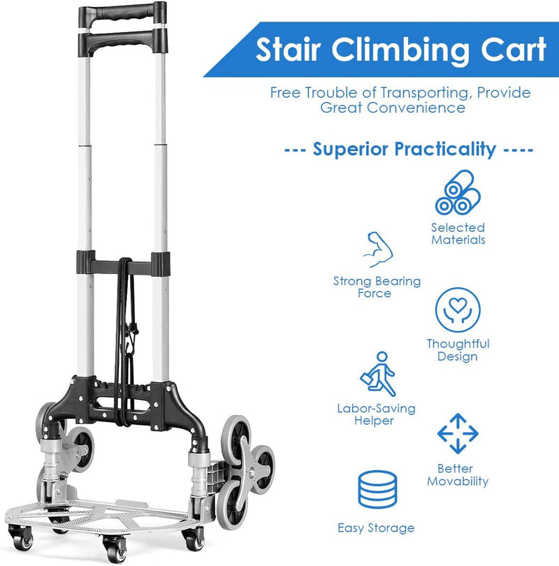 Goplus Stair Climbing Cart, Portable Folding Aluminium Hand Truck Trolley Cart w/Bungee Cord, 6 Wheels, 180 lbs Capacity, Telescoping Handle, All Terrain Stair Climber Dolly for Luggage, Heavy Duty