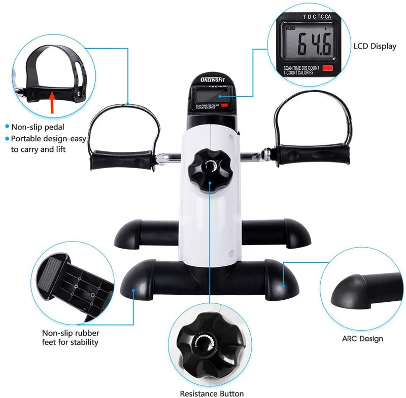 OneTwoFit Mini Exercise Bike Portable Pedal Exerciser Legs and Arms Fitness Cycling with LCD Display for Seniors Rehab