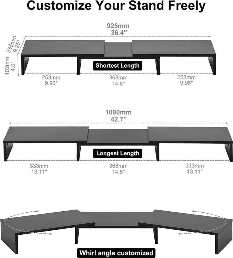 FITUEYES Dual Monitor Stand - 3 Shelf Computer Monitor Riser, Wood Desktop Stand with Adjustable Length