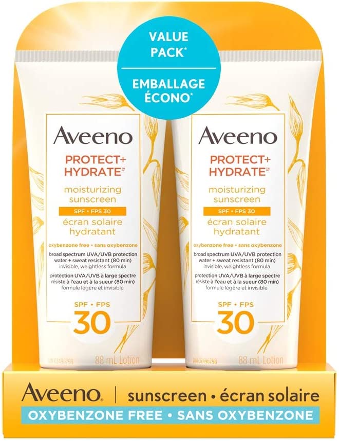 Aveeno Sun Aveeno Protect and Hydrate Face and Body Sunscreen Spf 30 Duo Pack, Water and Sweat Resistant, Oxybenzone Free, 2 Bottle Pack, 88 Milliliters