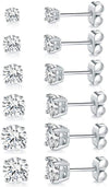 18K White Gold Plated 4 Pong Round Clear Cubic Zirconia Stud Earring, 6 Pairs