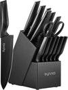 Syvio 14 Pieces Kitchen Knife Set with Block, Knife Block Set with Built-in Sharpener, Kitchen Knives Black for Chopping, Slicing, Dicing & Cutting