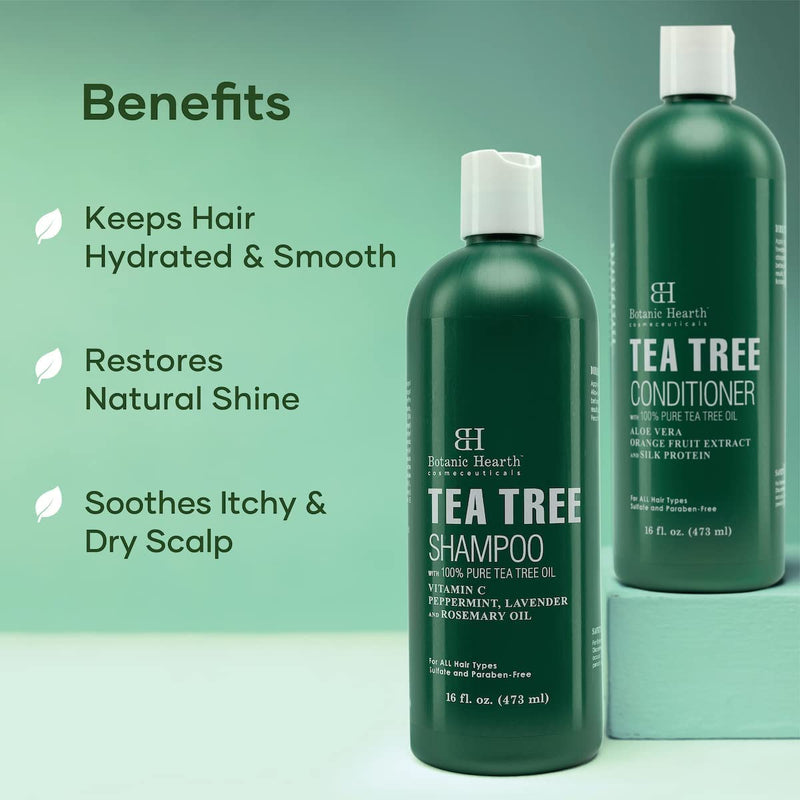 Botanic Hearth Tea Tree Shampoo and Conditioner Set - with 100% Pure Tea Tree Oil for Itchy and Dry Scalp Sulfate Free Paraben Free - for Men and Women - 2 bottles 16 fl oz each