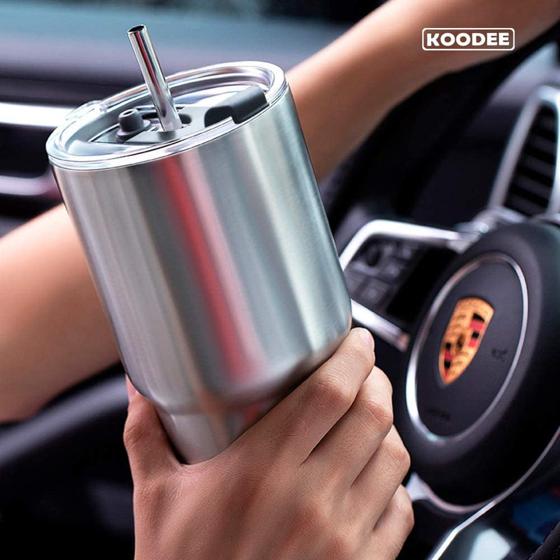 Koodee 30 oz Stainless Steel Tumbler with Handle, 2 Lids, 2 Straws, Pipe Brush(30 oz, Stainless Steel)