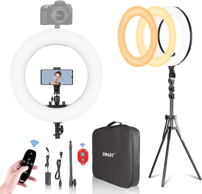 Emart 18-inch Ring Light with Stand, Big Adjustable 3200-5500K LED Lights Ring with Ultra-wide Lighting Area for Camera Photography, YouTube Videos, Makeup (Kit: Phone Holder, Remote, Soft Tube, etc.)