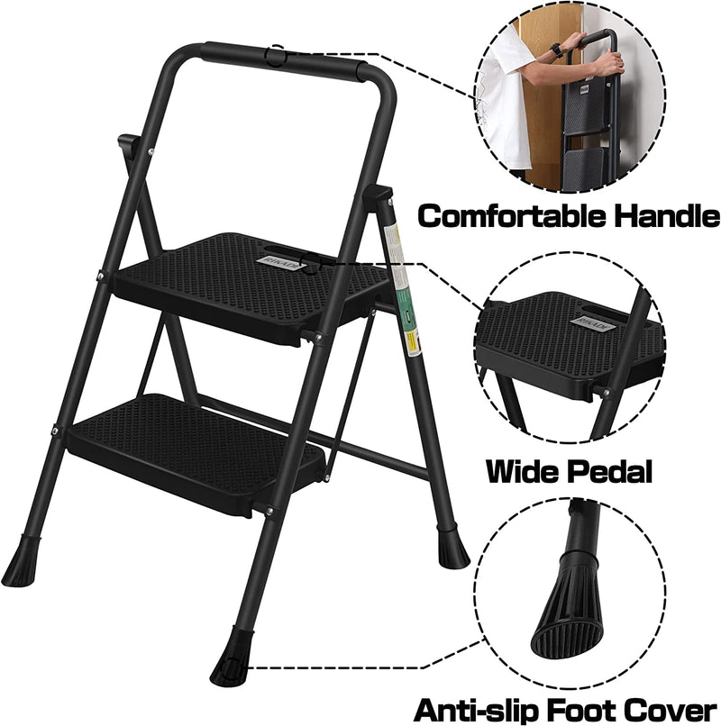 RIKADE Step Stool with Wide Anti-Slip Pedal, Lightweight with Handgrip, Multi-use Steel Ladder for Household and Office
