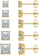 18K Yellow Gold Plated Princess Cut Clear Cubic Zirconia Stud Earring Pack of 5 Pairs
