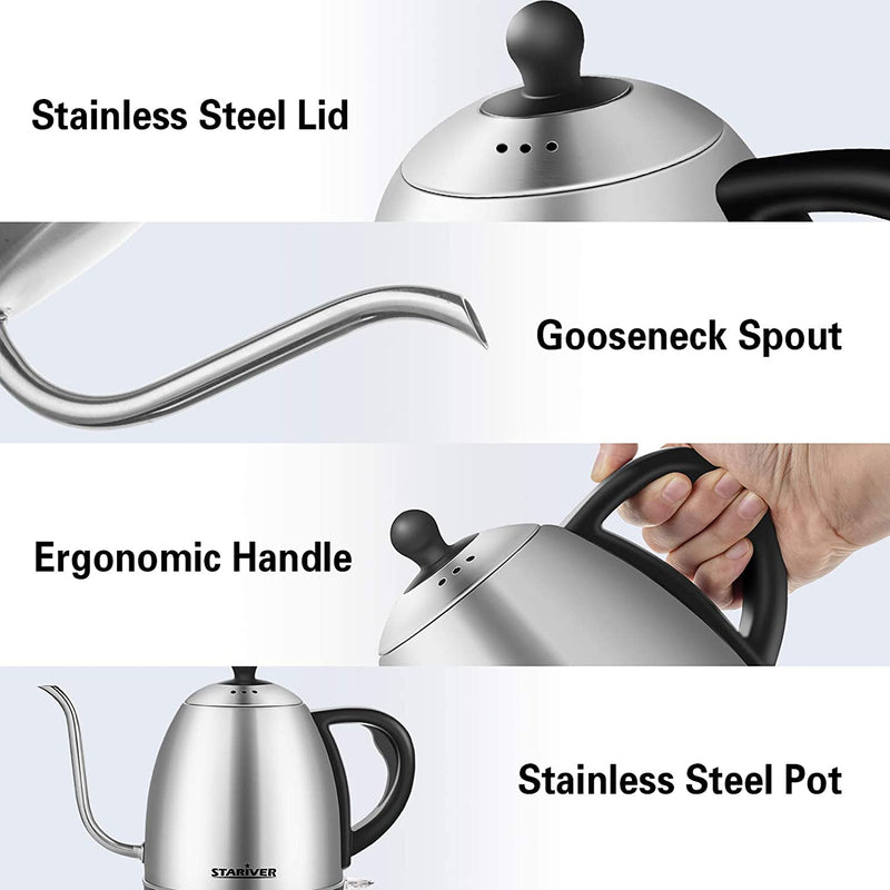 Stariver Electric Kettle Gooseneck Kettle, 1.2L Water Kettle, BPA-Free, Pour Over Tea Pot Stainless Steel for Coffee & Tea with Fast Heating, Auto-shu