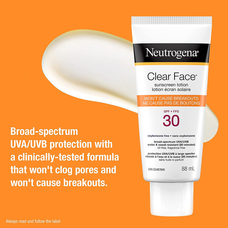 Neutrogena Sunscreen Lotion Clear Face for Acne Prone Skin, SPF 30, Water Resistant, Non Comedogenic & won't cause breakouts, 88 mL