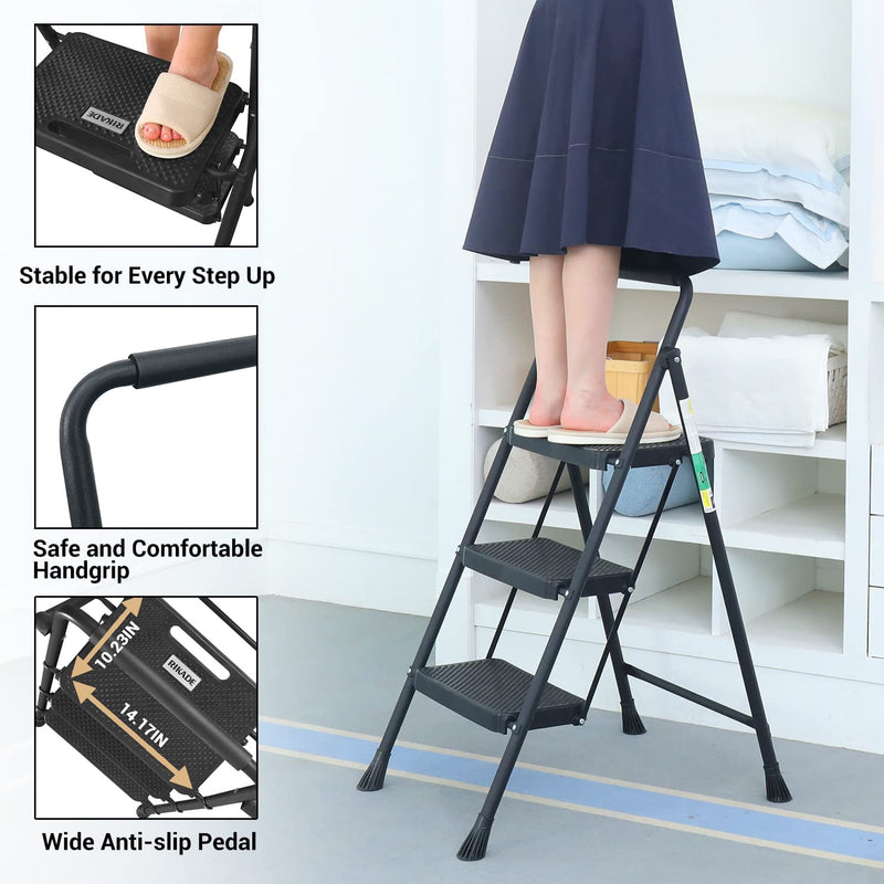 RIKADE Folding Step Stool, Step Stool with Wide Anti-Slip Pedal 3 Step Ladder