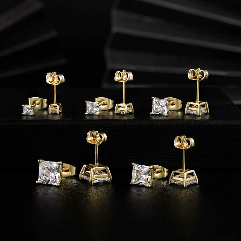 18K Yellow Gold Plated Princess Cut Clear Cubic Zirconia Stud Earring Pack of 5 Pairs