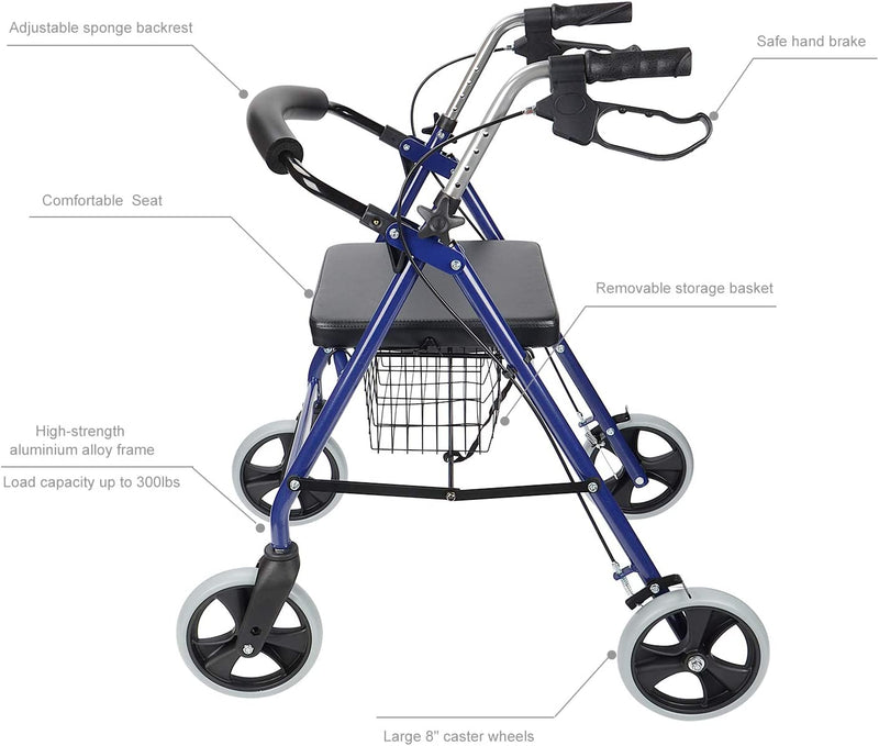 Four Wheel Walker Rollator with Fold Up Removable Back Support, Blue