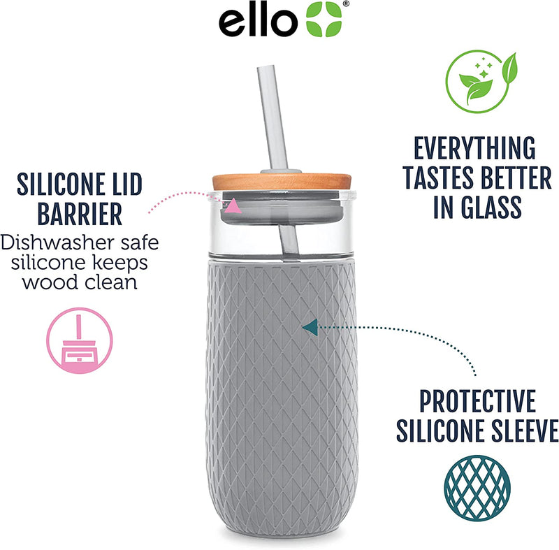 Ello Devon Glass Tumbler with Protective No Sweat Silicone Sleeve and Splash Proof Wooden Detail Lid with Straw, 18 oz