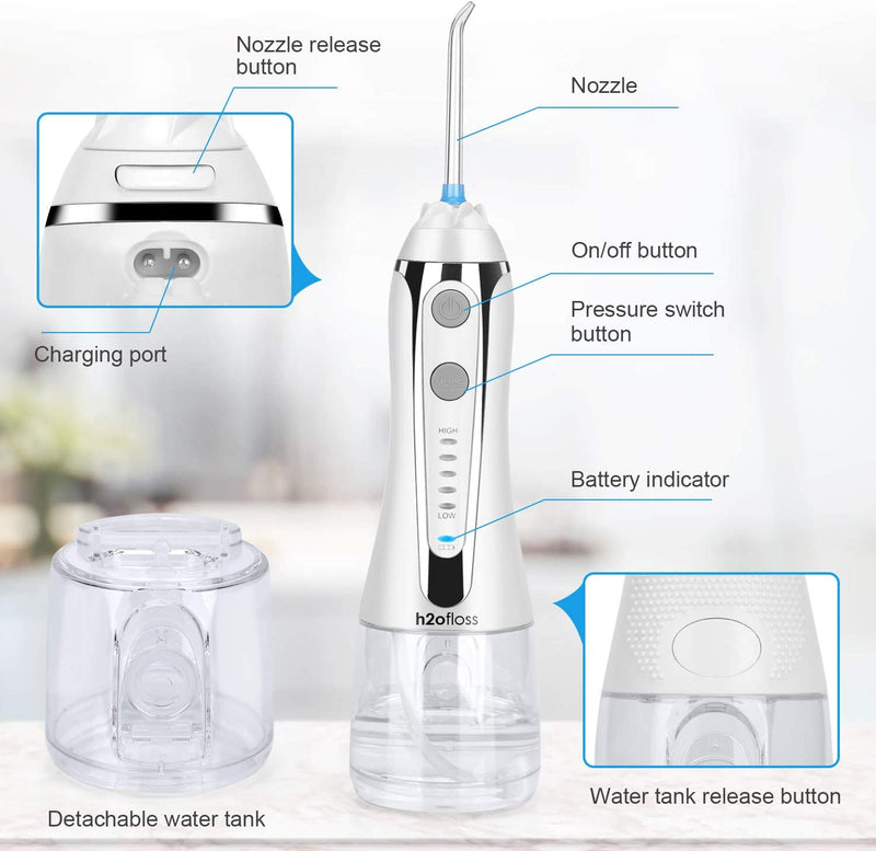 H2ofloss Cordless Water Dental Flosser, Portable Oral Irrigator for Teeth, Braces, Rechargeable & IPX7 Waterproof Teeth Cleaner for Home Travel