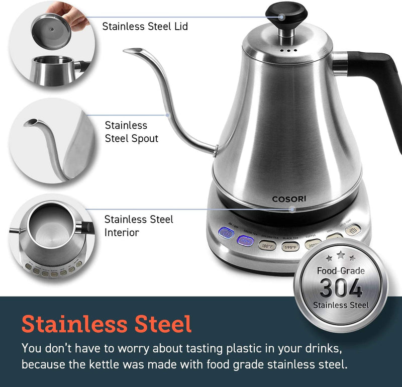 COSORI Electric Kettle Temperature Control with 6 Presets, Hot Water Boiler  & Tea Heater, 100% Stainless Steel Filter, Inner Lid & Bottom, 60min Keep  Warm&Boil-Dry Protection, BPA Free, 1.7L, Black 
