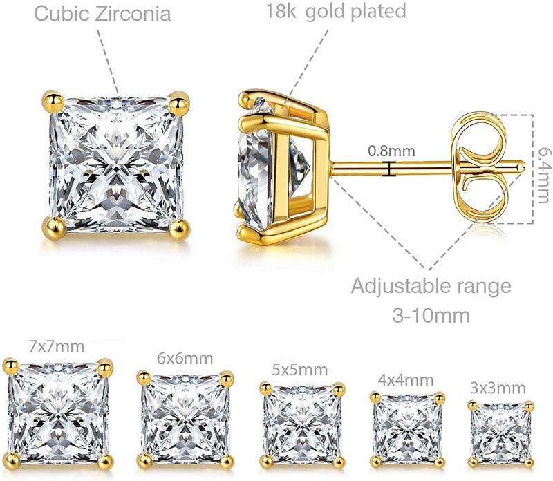 18K Yellow Gold Plated Princess Cut Clear Cubic Zirconia Stud Earring Pack of 5 Pairs