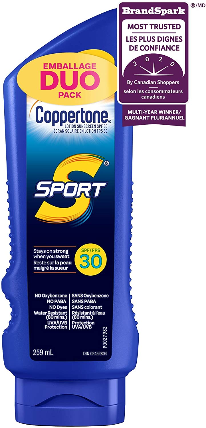 Coppertone Sport Sunscreen Lotion Spf 30 Duo Pack (2 X 259 Ml), Sweat and water Resistant Body Lotion for Sun Protection, Face Sunscreen for Active Adults, 518 ml.