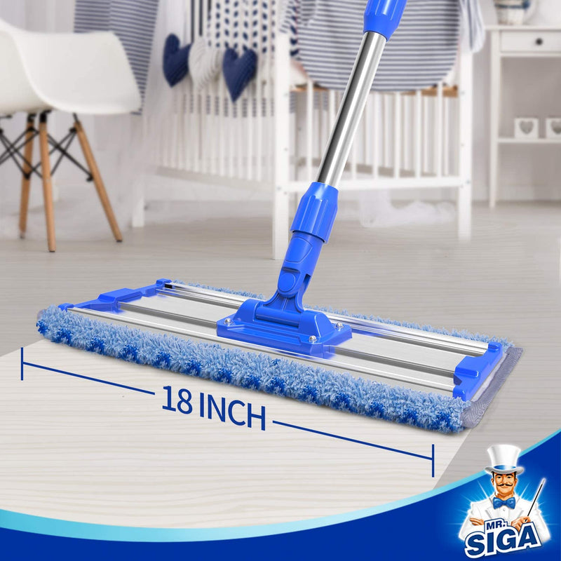 MR.SIGA 18" Professional Microfiber Mop for Floor Cleaning, Stainless Steel Telescopic Handle, Includes 2 Washable Premium Microfiber Mop Pads, 1 Scrub Cloth and 1 Dust Cloth