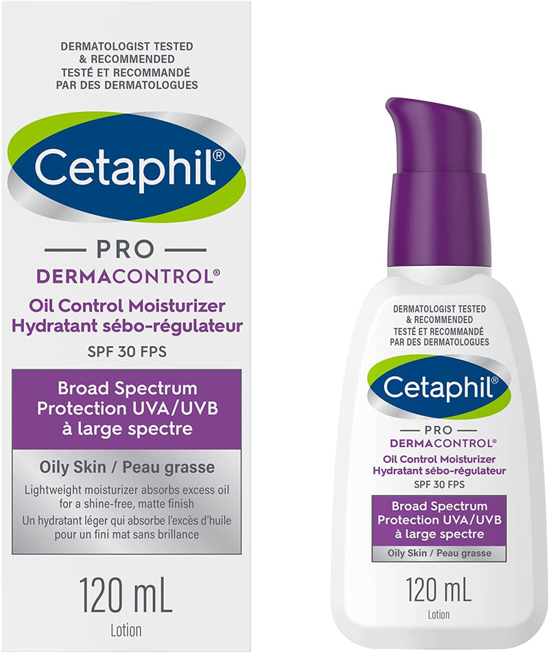 Cetaphil PRO DermaControl Oil Control Moisturizer SPF 30 With Zinc Complex, For Oily and Sensitive Skin - Broad Spectrum Protection With Matte Finish - Dermatologist Recommended, 120ml