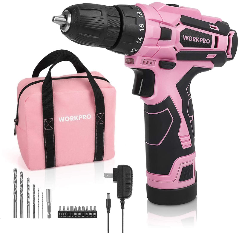 WORKPRO 12V Pink Cordless Drill Driver Set, 18+1 Torque Setting