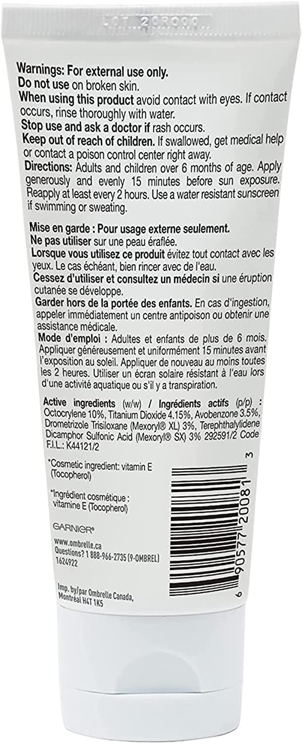 Garnier Ombrelle Sunscreen Ultra-Light Face Cream with Antioxidant, SPF 60, UVA UVB, 75 mL