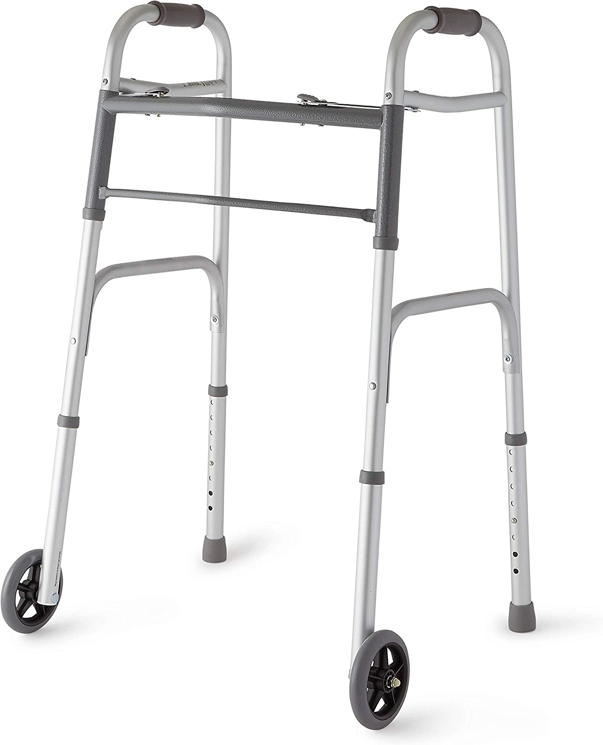 Medline Two-Button Folding Walker with Wheels, 5-Inch