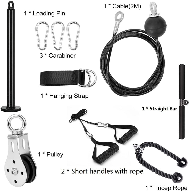 3 in 1 Pulley Cable, 1.8/2M Home Cable Pulley System, Fitness Pulley System,Gym Equipment for Home, with Straight Bar, Band Handles Grips, Nylon Tricep Rope, 3parts Acessories Exchange Use for Home Gym (2.0 Meter)