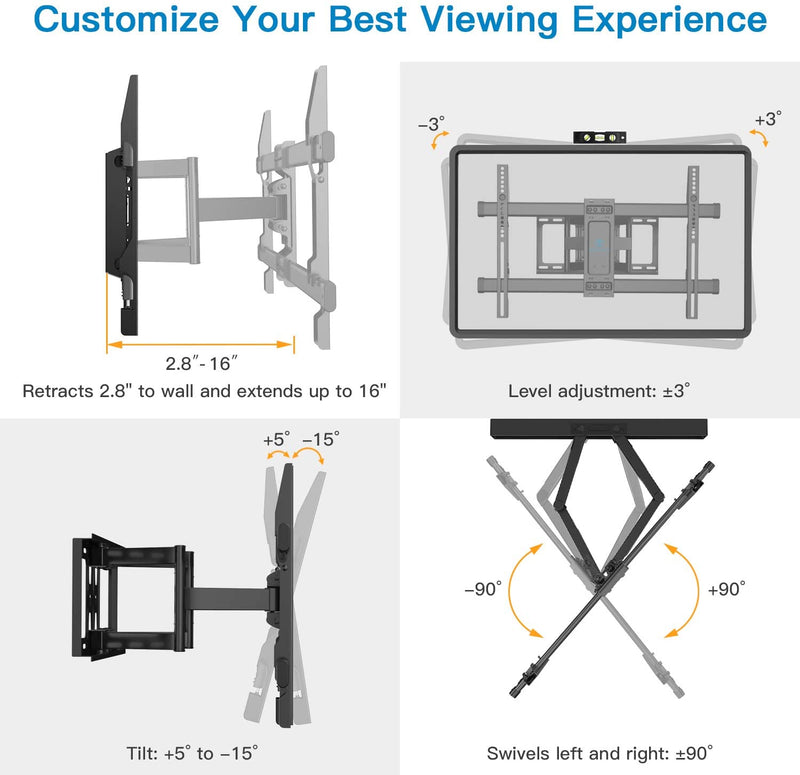 PERLESMITH TV Wall Mount Full Motion Swivel Dual Articulating Arm for Most 37-70 Inch