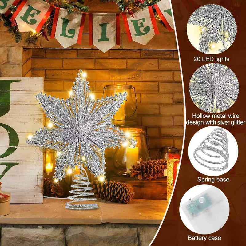 Ywlake Christmas Star Tree Topper Lighted, Metal Glittered Timed Battery Powered 3D