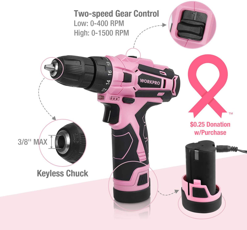 WORKPRO 12V Pink Cordless Drill Driver Set, 18+1 Torque Setting