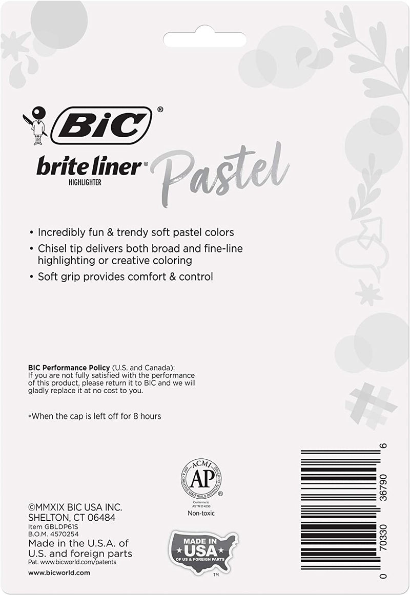 BIC Brite Liner Grip Highlighter, Chisel Tip (1.6 mm), Assorted Pastel Colours, For Broad Highlighting & Fine Underlining, 6-Count