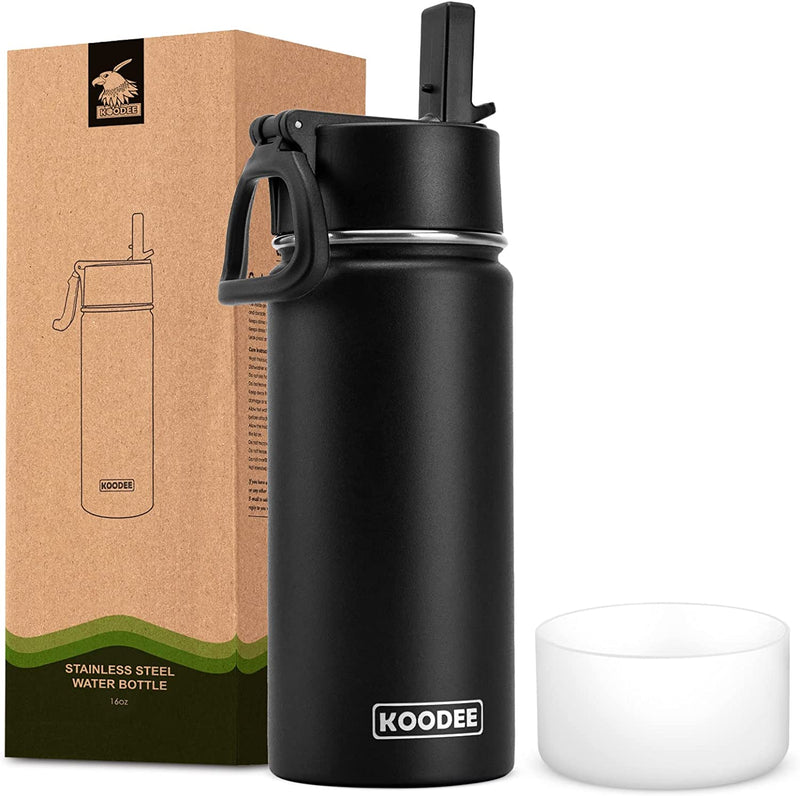 Koodee Kids Water Bottle, 16 oz Stainless Steel Double Wall Vacuum Insulated Wide Mouth Water Bottle with Leakproof Straw Lid (Black)