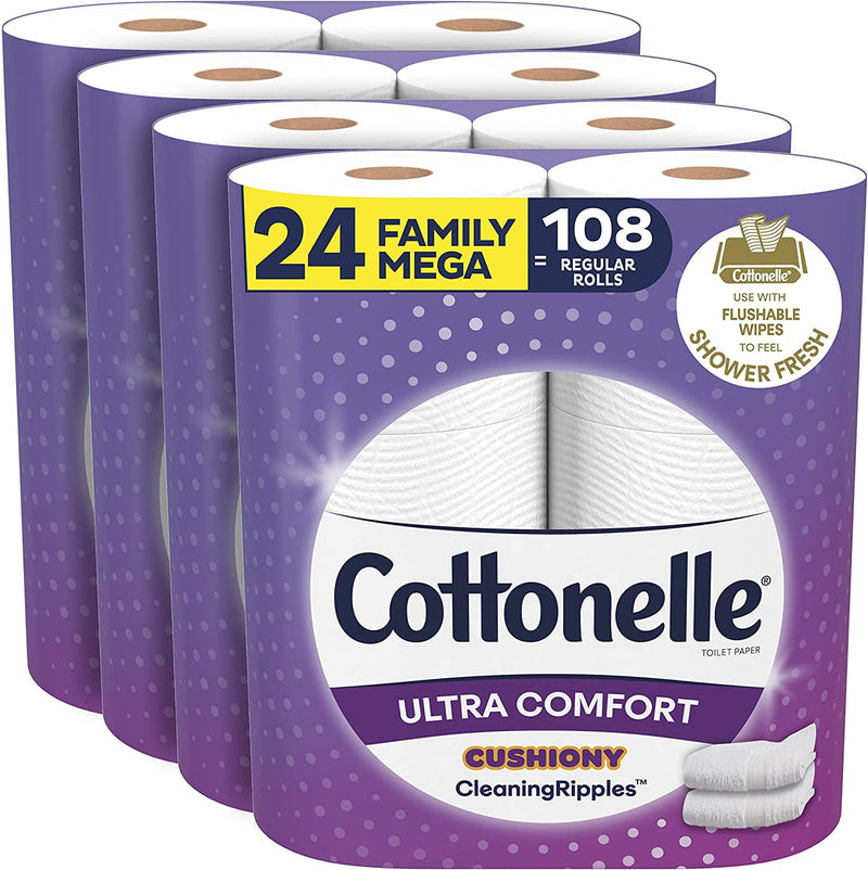 Cottonelle Ultra ComfortCare Soft Toilet Paper, 24 Family Mega Rolls Bathroom Tissue (Equals 108 Regular Rolls)
