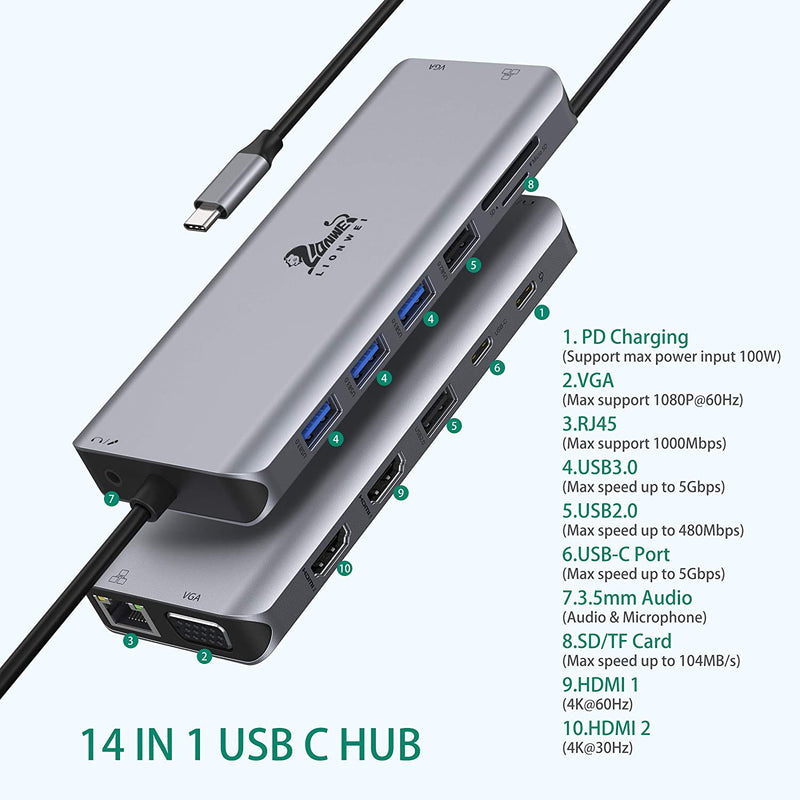 USB C Docking Station Dual Monitor Adapter, 14 in 1 USB C Triple Display Docking Station to Dual HDMI,VGA,Ethernet,3USB3.0,2 USB2.0,PD,USB C Port,SD/TF, Audio for Dell XPS 13/15, Lenovo Yoga,HP x360