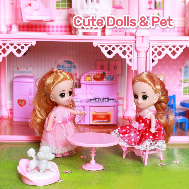 CUTE STONE Dollhouse, Doll House with Flashing Lights, Pretend Play Toddler Dollhouse Sets with 2 Dolls, Furniture, 8 Rooms and Doll Accessories, Creative Gift for Girls