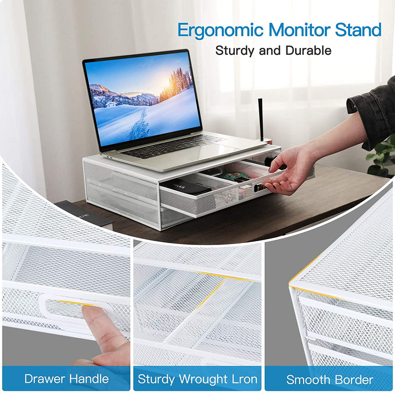 Monitor Stand Riser with Drawer - Mesh Metal Desk Organizer PC, Laptop,Notebook, Printer Holder with Dual Pull Out Storage Drawer
