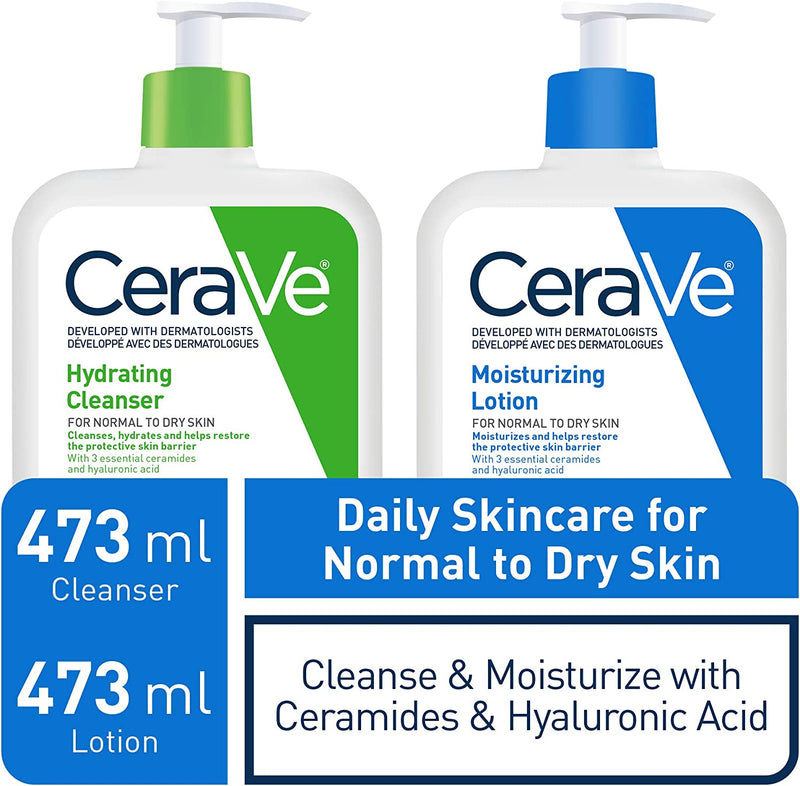 CeraVe Daily Face Cleanser and Lotion Bundle, Hydrating Face Wash for Dry Skin and Moisturizing Lotion with Hyaluronic Acid, Fragrance Free, 2x473ml