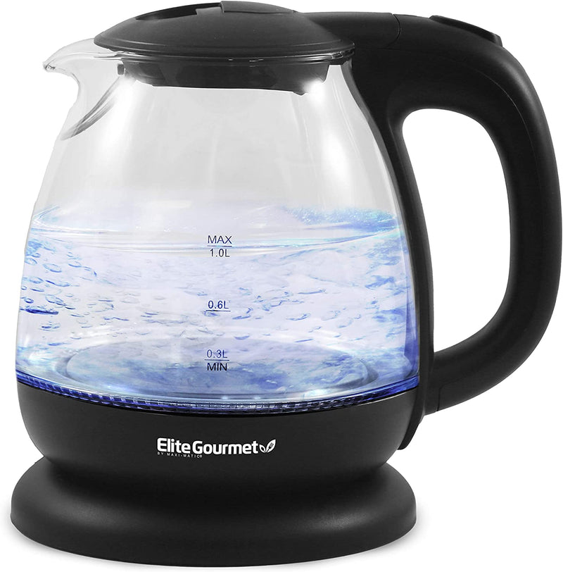 Elite Gourmet EKT1001 Electric BPA-Free Glass Kettle, Cordless 360° Base, Stylish Blue