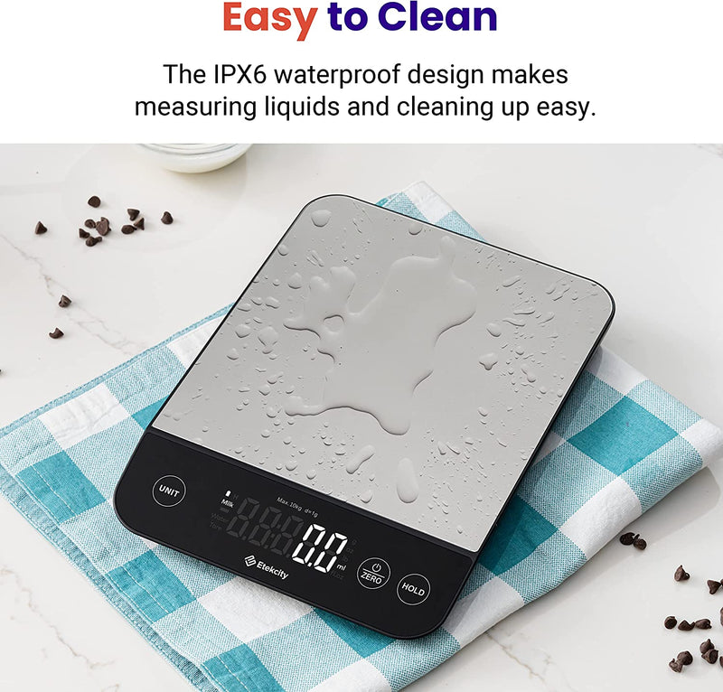 Etekcity 22 Pounds-Large Food Kitchen Digital Scale, Waterproof, Rechargeable, Ounces and Grams for Weight Loss, Cooking, 304 Stainless Steel, EKS-L221
