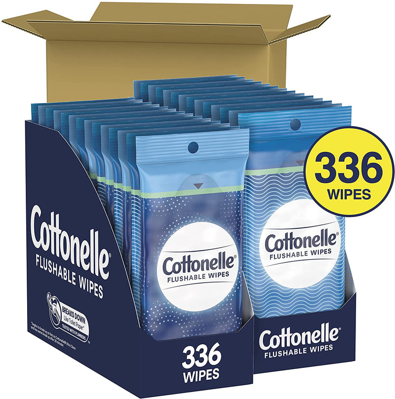 Cottonelle Flushable Wipes, 24 On-The-Go Travel Packs (2 Trays of 12), 24 Packs of 14 Wipes