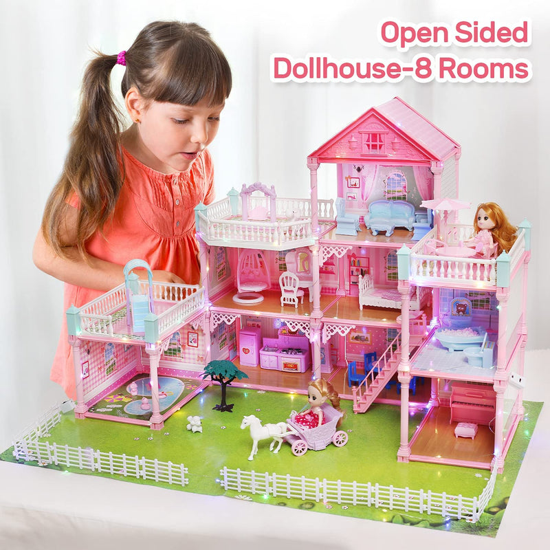 CUTE STONE Dollhouse, Doll House with Flashing Lights, Pretend Play Toddler Dollhouse Sets with 2 Dolls, Furniture, 8 Rooms and Doll Accessories, Creative Gift for Girls