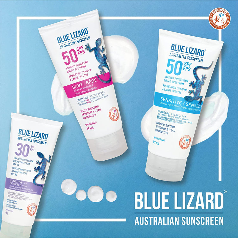 BLUE LIZARD Sensitive Mineral Sunscreen Lotion, SPF 50+, Water Resistant with Smart Cap Technology - 89 ml Tube