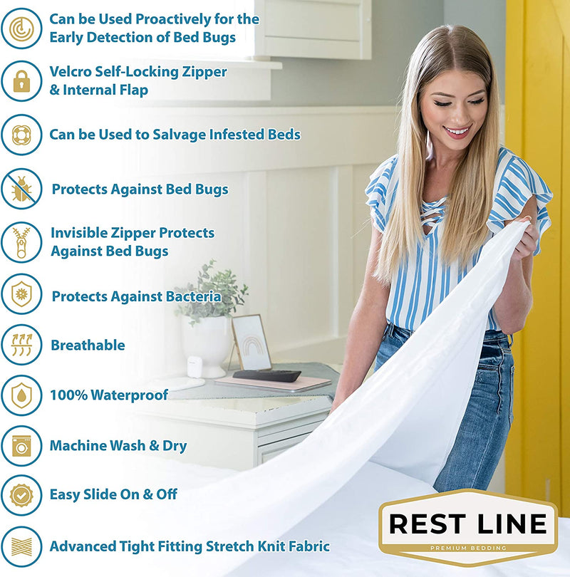 Restline Zip-UP Bedbug Proof Mattress Encasement (Double Size) 100% Cotton Full Six Sided Mattress Encasement and Waterproof Cover. 75 x 54” Bed Liner, Invisible Zippered Mattress Cover 12-15" Deep