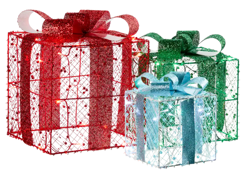 Whimsical 3 Beaded Gift Set Christmas Lawn Décorations, LED Light, 1 1/4-ft