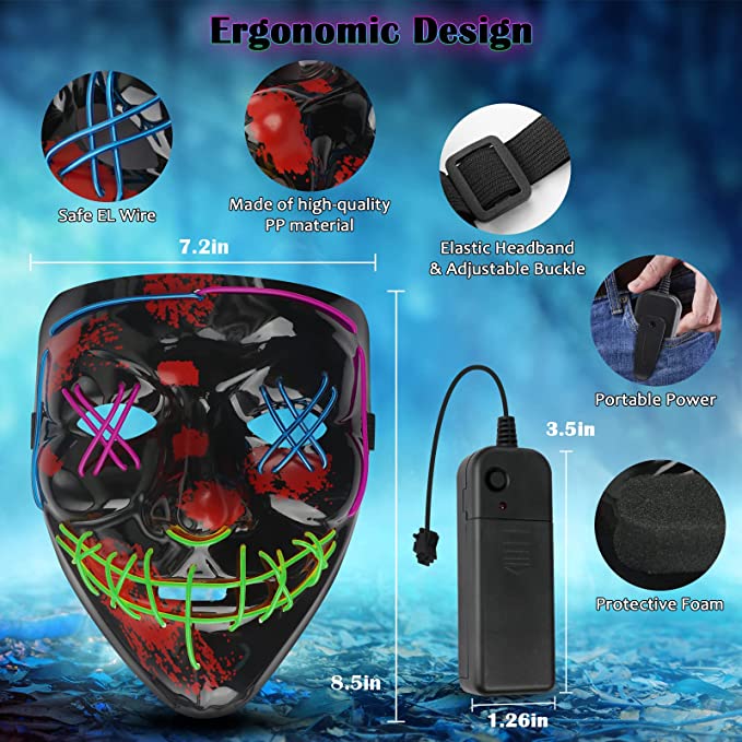 Halloween Mask, 3 Color Purge LED Light Up Mask for Adult Men Women Kids, Scary Glow Mask with 4 Lighting Mode