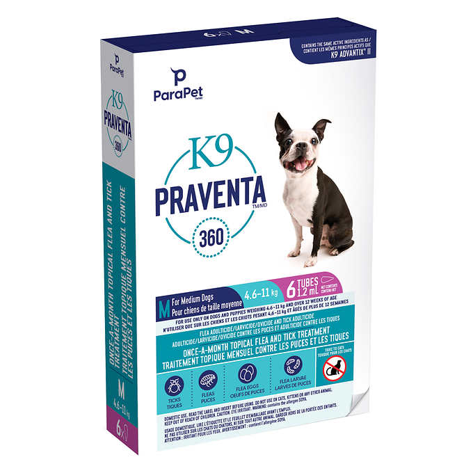 Parapet K9 Praventa 360 Flea and Tick Treatment for Dogs 4.6kg to 11kg, 6 Tubes