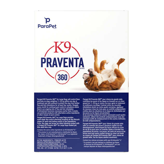 Parapet K9 Praventa 360 Flea and Tick Treatment for Dogs 11kg to 25kg, 6 Tubes